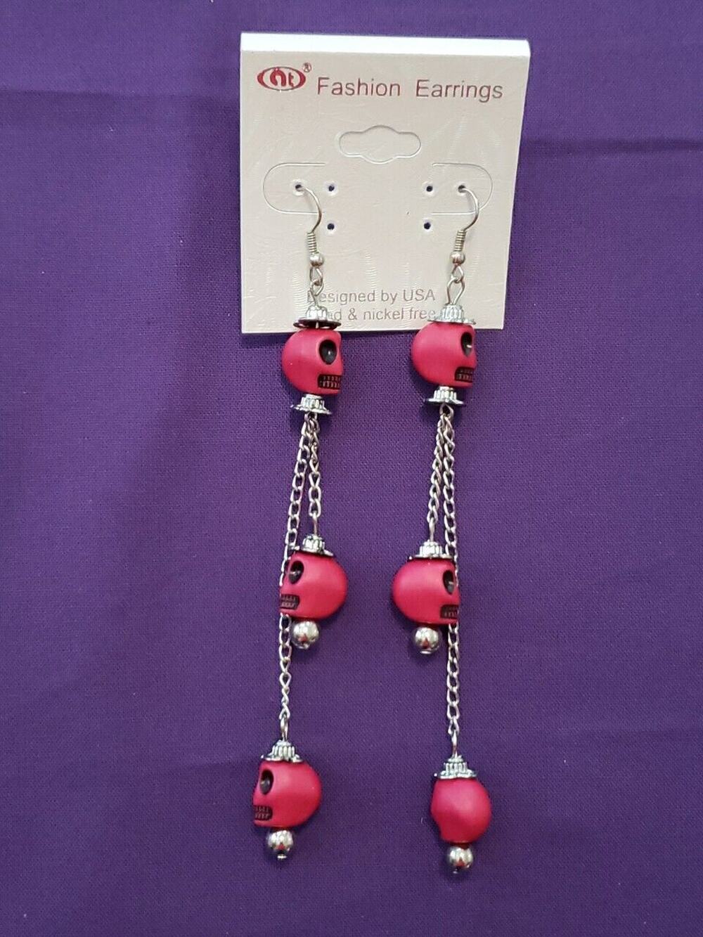 Dark Pink Skull Long Dangle Earrings Halloween Bikercore Punkcore Rocker Goth
